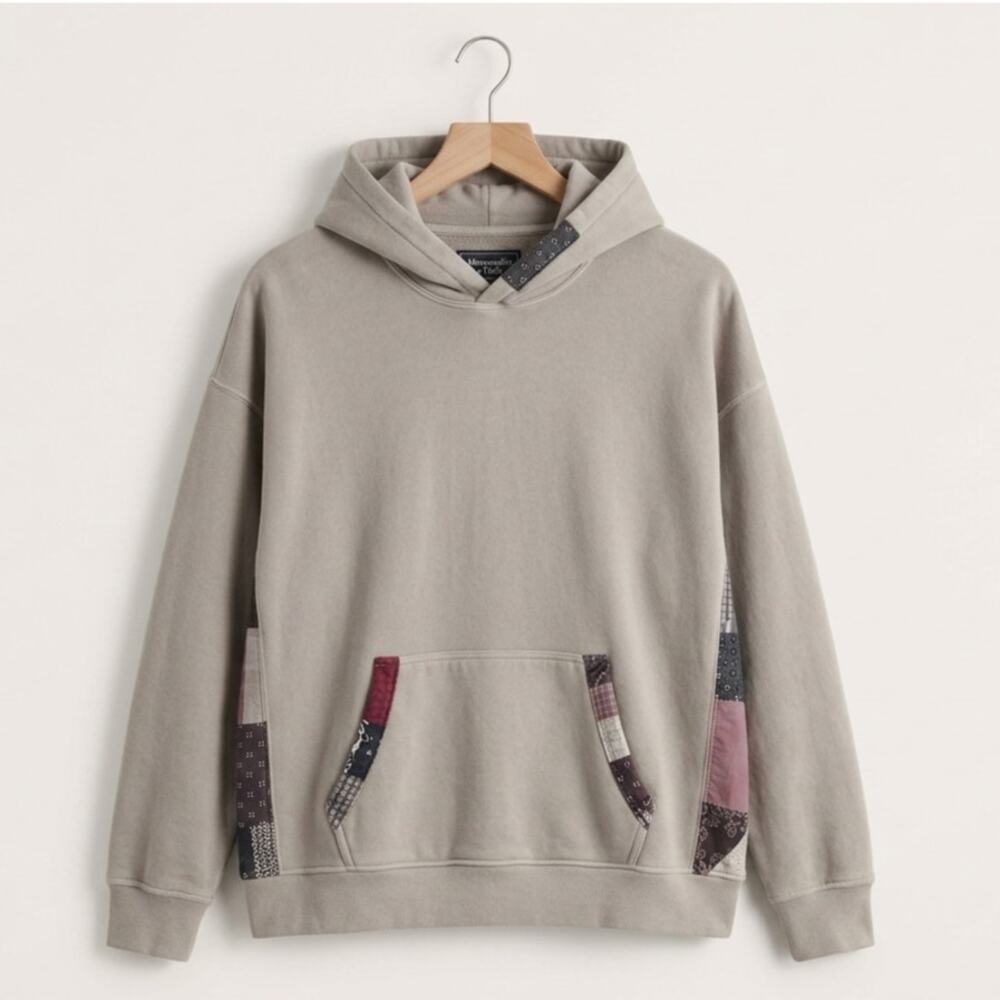 Abercrombie & Fitch Essential Patchwork Hoodie Taupe Gray Purple XL Rare